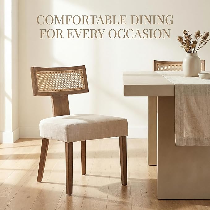 Upholstered Farmhouse Dining Chairs Set of 2 Mid Century Modern Dining Room Chairs Rattan Linen Kitchen Chairs Armless Side Chairs with Wood Frame/Rattan Back for Living Room,Beige