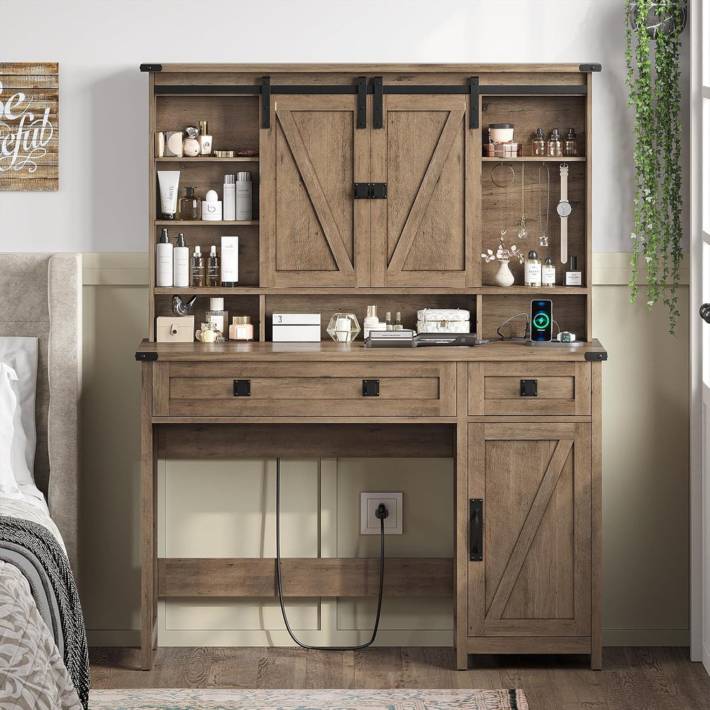 AOGLLATI Makeup Vanity with Lights & Barn Doors, Vanity Desk with Mirror ...