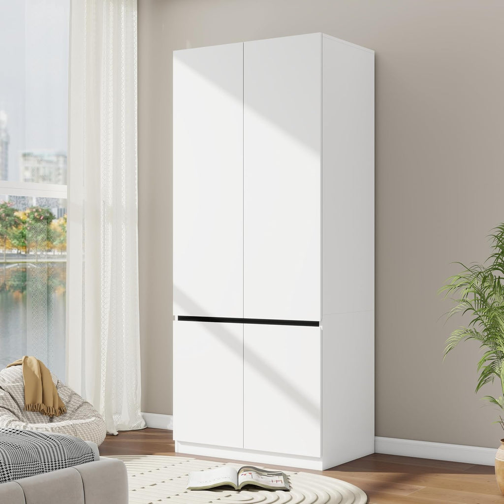 Bedroom Armoire Wardrobe Closet with 2 Doors: 75" White Wardrobe Cabinet for Clothes, Wooden Closet with Hanging Rod, Modern Armoire with Shelves (1)