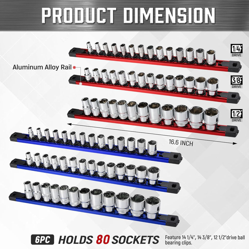 ALOANES 6-Piece Magnetic Socket Organizer, Heavy Duty Aluminum Socket Rails Organizer, 360° Swivel Clips Socket Holder Kit for Tool Box, 1/2, 3/8, 1/4-Inch Socket Holder x 80 Clips (Red&Blue)