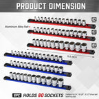 ALOANES 6-Piece Magnetic Socket Organizer, Heavy Duty Aluminum Socket Rails Organizer, 360° Swivel Clips Socket Holder Kit for Tool Box, 1/2, 3/8, 1/4-Inch Socket Holder x 80 Clips (Red&Blue)