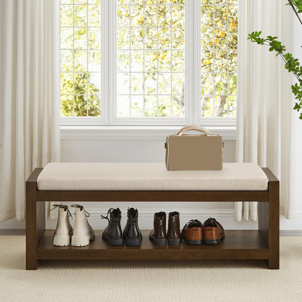 Modern Compact Bed End Bench, Accent Bench with Lower Shelf Shoe Rack, for Li...