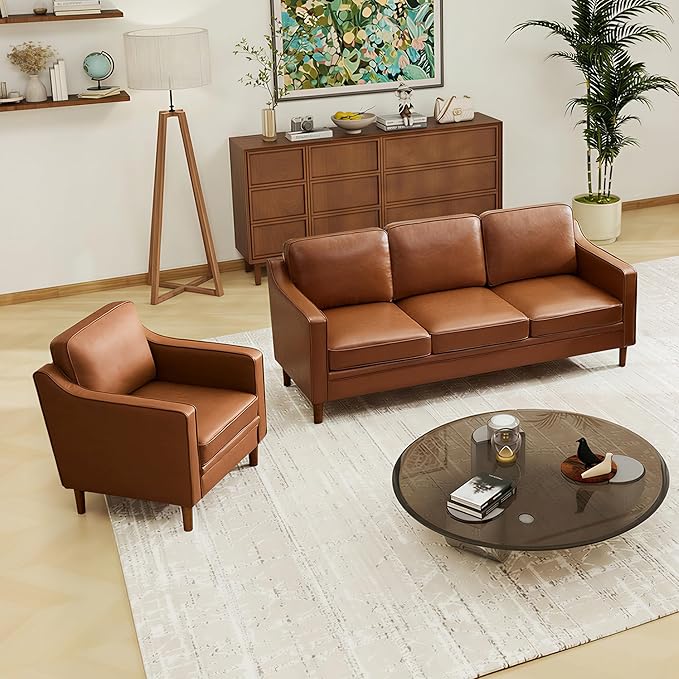 Kingfun Living Room Furniture Sets, 3 Seater Couch and Loveseat, Mid Century Modern Sofa Set, Faux Leather Couch with Solid Wood Frame for Living Room & Bedroom, Dark Brown