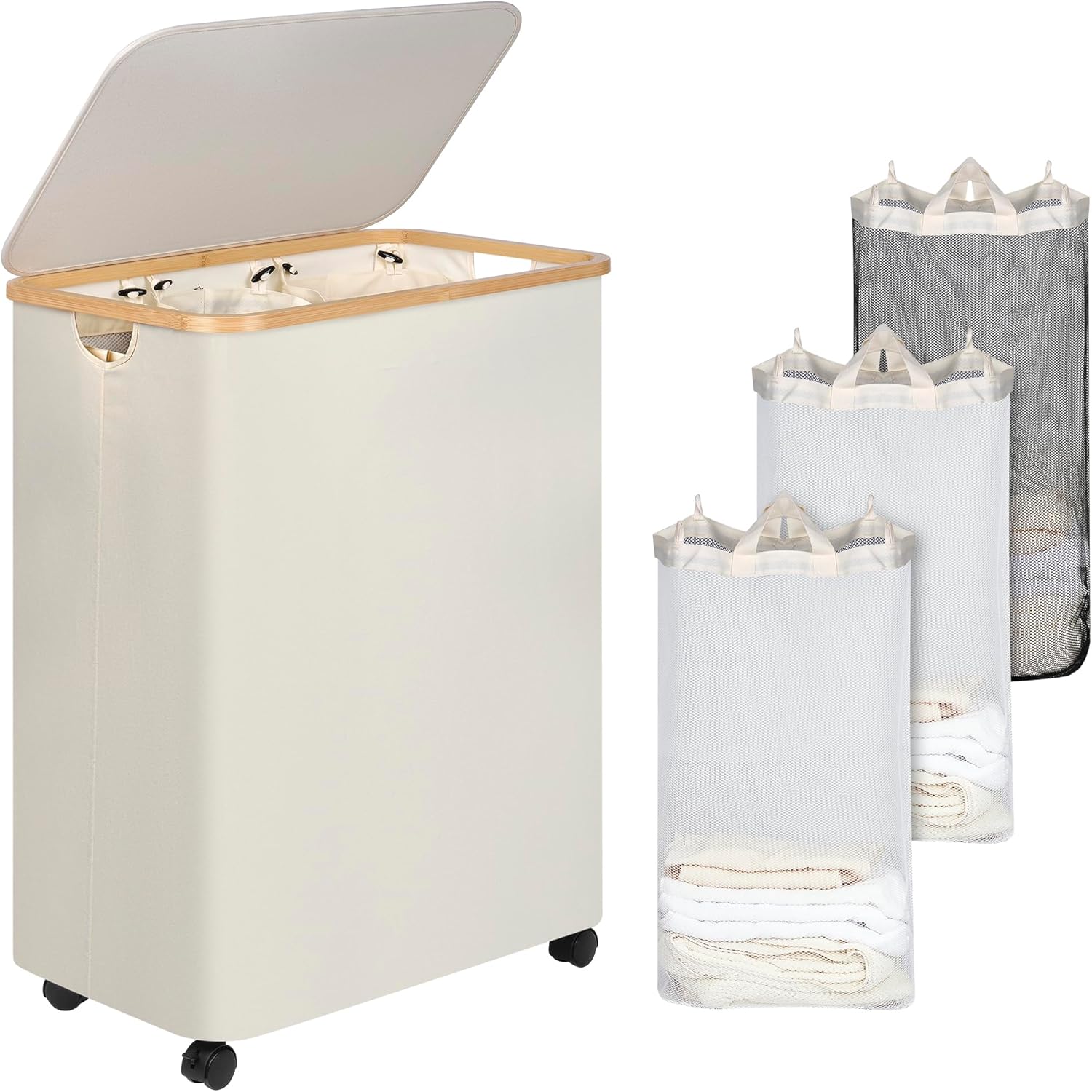 Lagre Laundry Basket with Wheels, Laundry Hamper with Lid, 160L Clothes Hamper for Laundry with 3 Liner Bags, for Laundry Room, Bedroom, Dormitory Organization,Beige