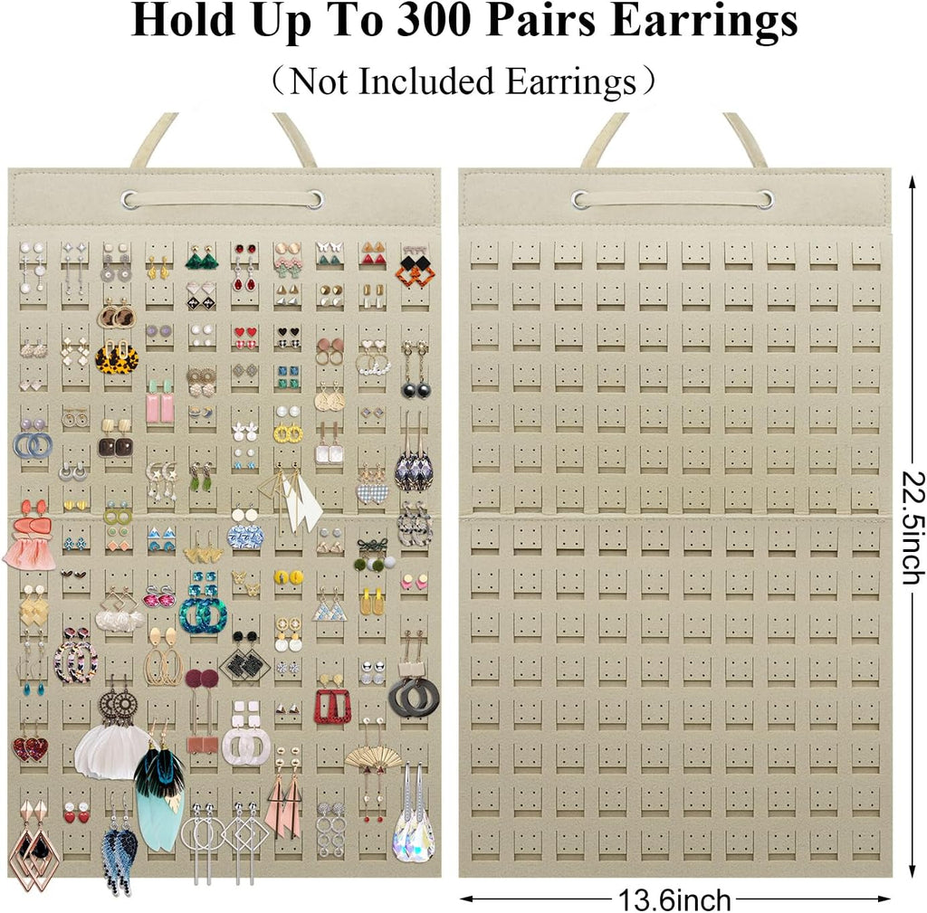 Earrings Organizer, Hanging Earring Holder Holds Up to 300 Pairs, Stud Earring Organizer Large Capacity Storage Earring Hanger, Earring Display Holder Brooch Pin Organizer for Women Girls-Beige