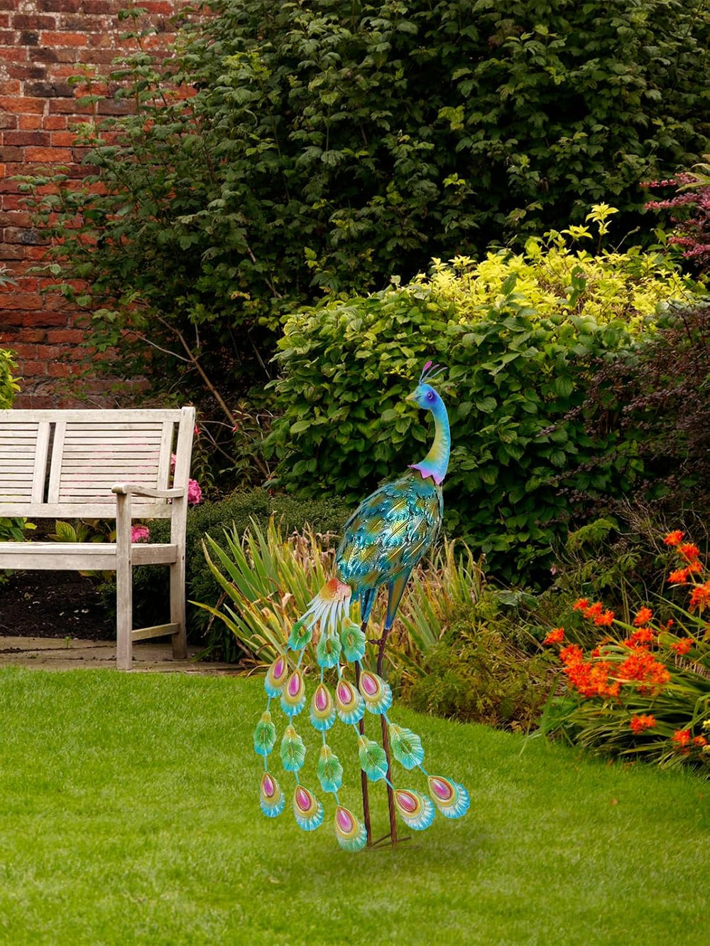 YEAHOME Garden Decor Outdoor Statues, 34" Large Metal Peacock Standing Y...