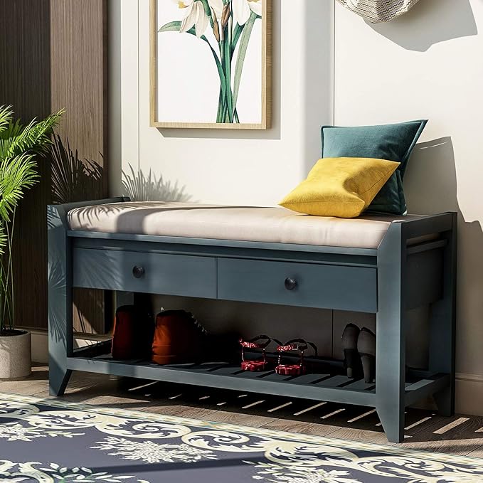 39″ Storage Bench with Cushioned Seat and Drawers,Multipurpose Wooden Entryway Ottoman,Hidden Compartment Organizing Shoe Rack,for Bedroom Hallway Porch,Antique Navy