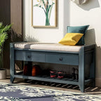 39″ Storage Bench with Cushioned Seat and Drawers,Multipurpose Wooden Entryway Ottoman,Hidden Compartment Organizing Shoe Rack,for Bedroom Hallway Porch,Antique Navy