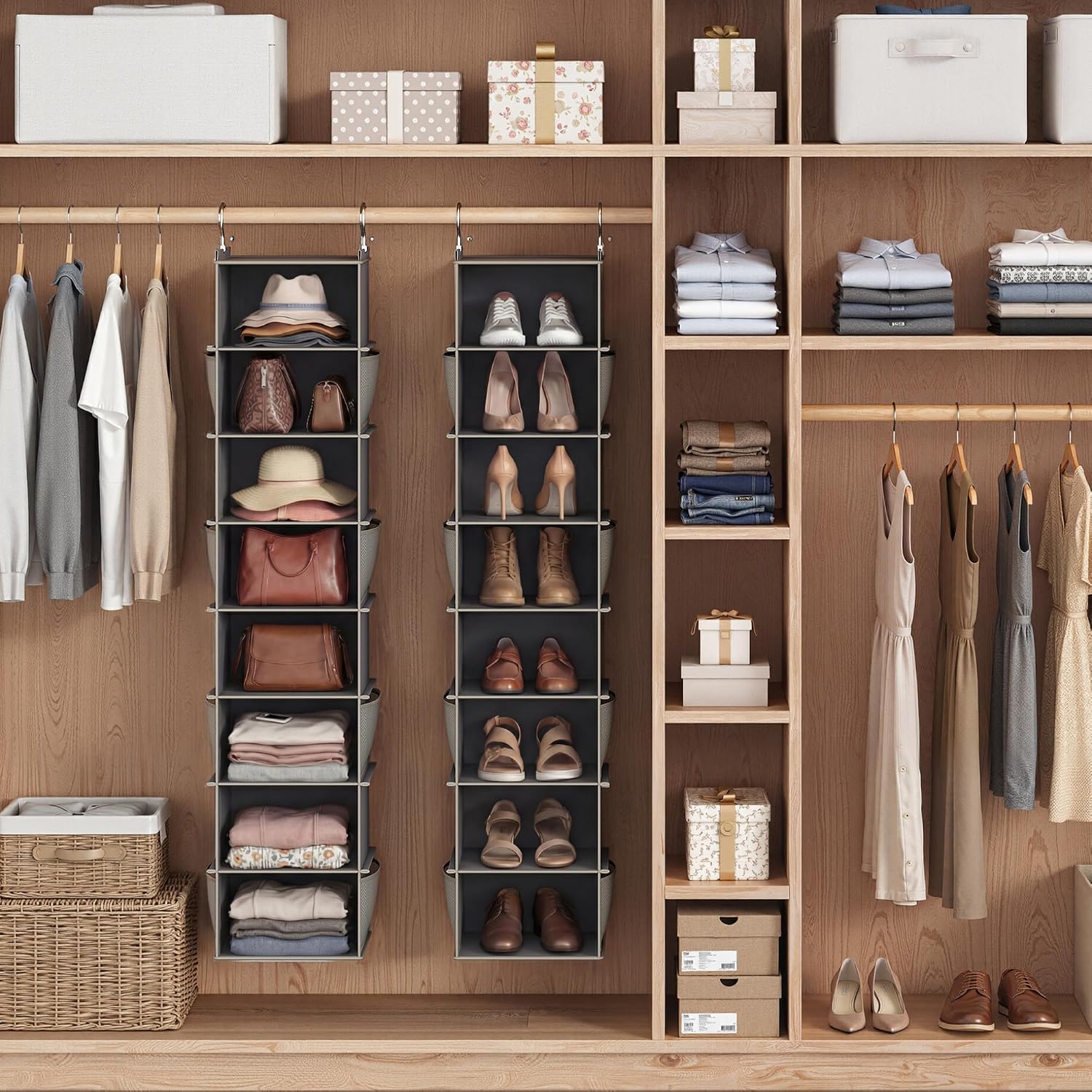 YOUDENOVA Upgraded Hanging Shoe Organizer for Closet, 8-Shelf, Grey | Extra Wide Design, 8 Side Pockets, Hanging Shoe Rack Hanger, Dorm Storage, Perfect for Storing Shoes, Hats, Clothes, Jeans