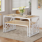 VECELO 55” Kitchen Dining Table Set for 4, Heavy-Duty Steel Frame & Wood-Grain Tabletop, Space-Saving Dinette Sets with 2 Benches for Breakfast Nook and Small Space, Natural
