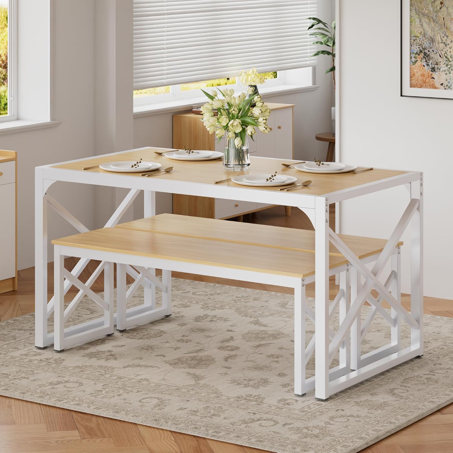 VECELO 55” Kitchen Dining Table Set for 4, Heavy-Duty Steel Frame & Wood-Grain Tabletop, Space-Saving Dinette Sets with 2 Benches for Breakfast Nook and Small Space, Natural