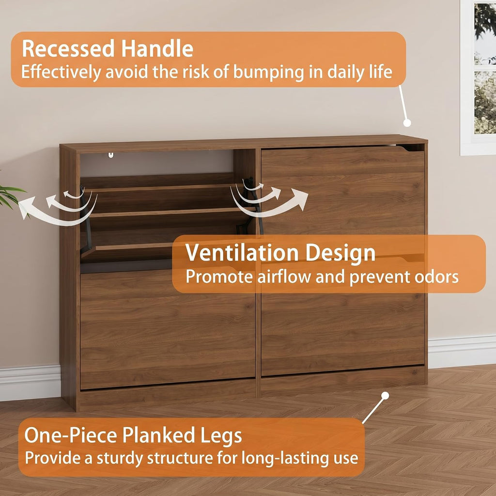 Walnut Hidden Shoe Storage Cabinet for Entryway with 4 Flip Drawers | Slim & Narrow Design Saves Space, Adjustable Shelves Fit Various Shoes, Ventilation Reduces Odors, Anti-Tip Safety