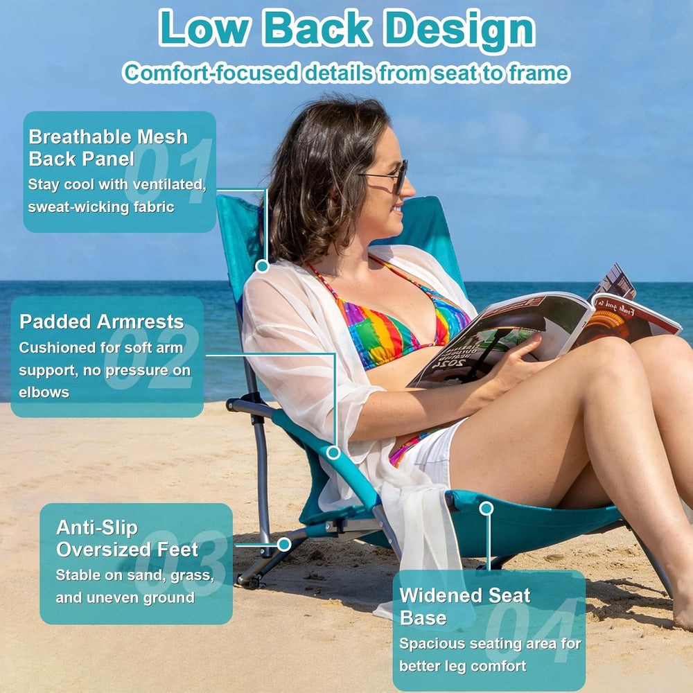 Romswi 2 Pack Lightweight Low Beach Chairs with Breathable Mesh Back,6LBS Fol...
