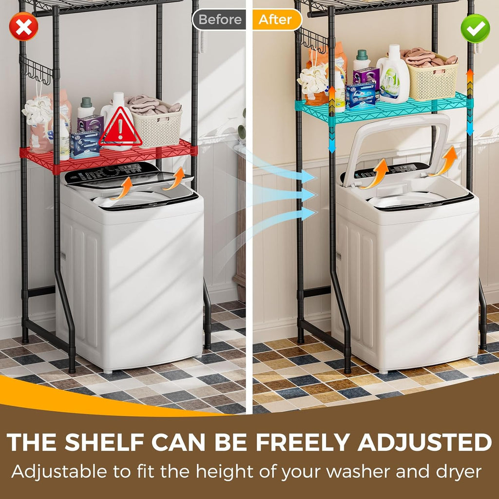 Golpart Over Washer and Dryer Shelves,2 Tier Adjustable Height Wire Shelving Laundry Room Storage Organization Clothes Drying Rack with Hanger Rod&Hooks,Space Saving Organizers Shelf,Black