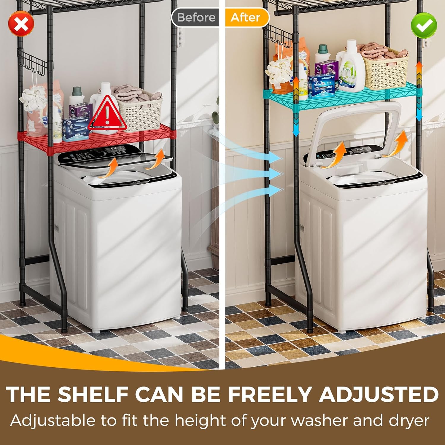 Golpart Over Washer and Dryer Shelves,2 Tier Adjustable Height Wire Shelving Laundry Room Storage Organization Clothes Drying Rack with Hanger Rod&Hooks,Space Saving Organizers Shelf,Black
