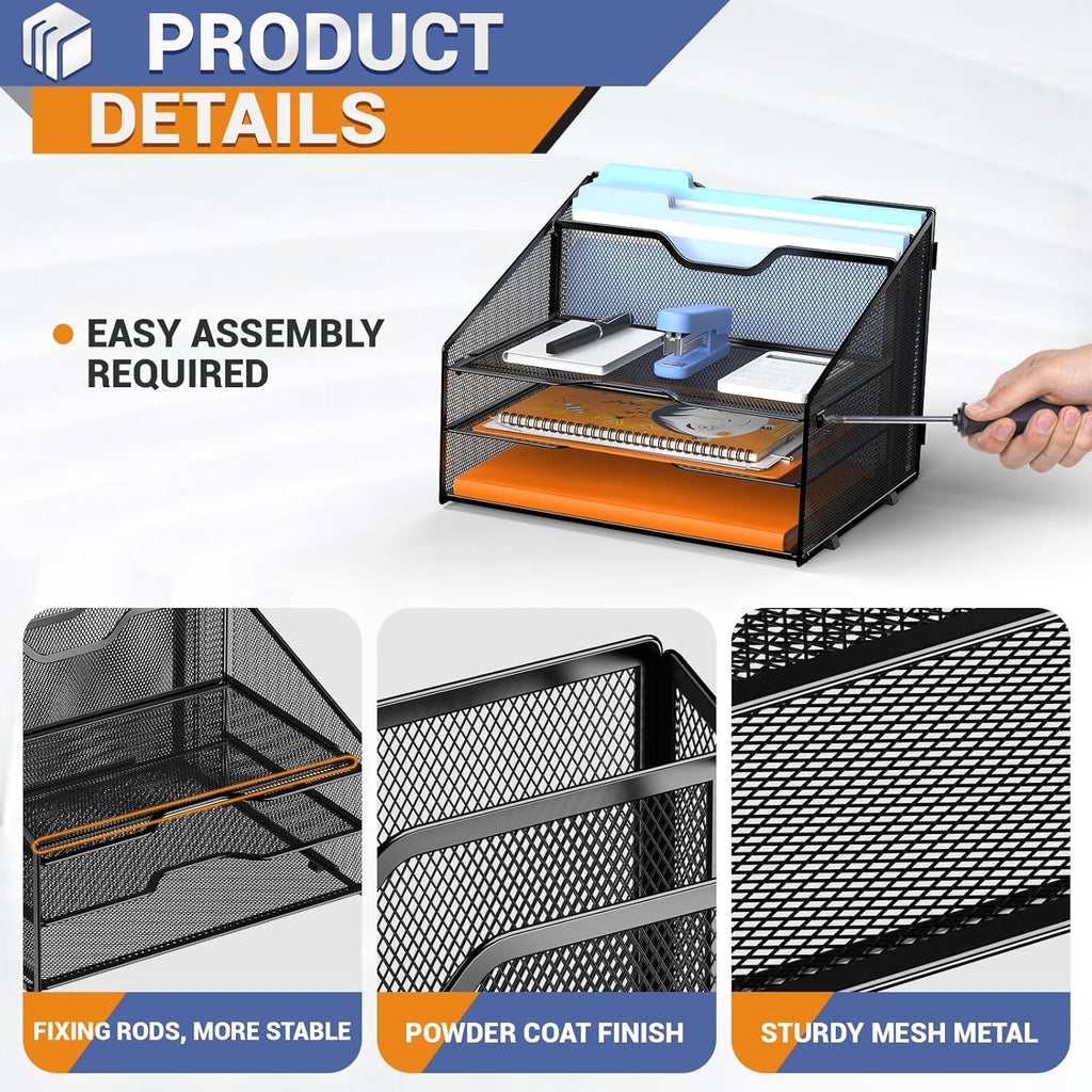 Letter Tray Organizer, Mesh Desk File Organizer with 3 Paper Trays and 2 Vertical Upright Section (Gold)