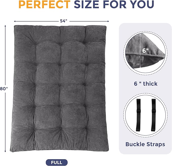 MAXYOYO Japanese Floor Mattress Full Size, 6" Foldable Futon Mattress Tufted Roll Up Floor Bed, Thick Chenille Tatami Mat Sleeping Pad for Camping Guest Room Dormitory Bedroom RV, Dark Grey