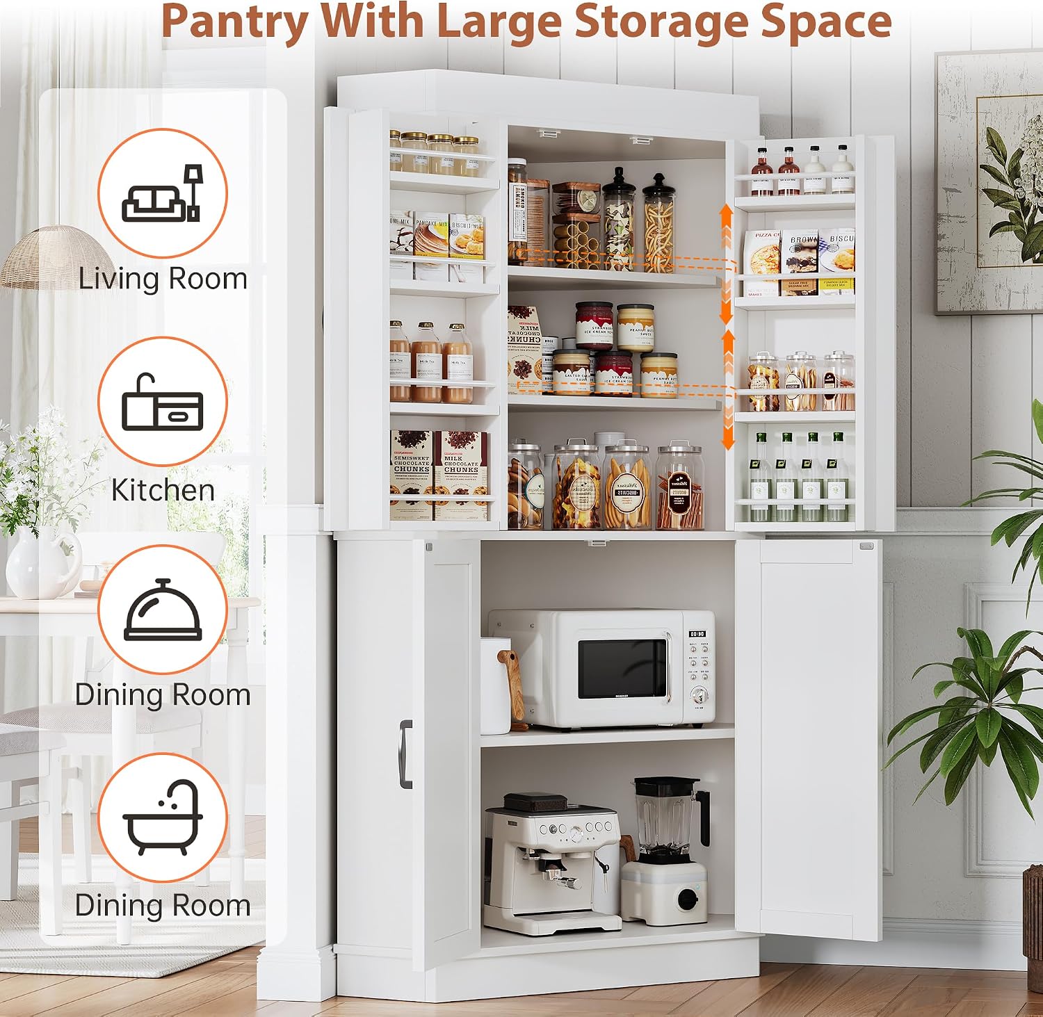 Jocoevol Corner Cabinet, Kitchen Pantry Storage Cabinet with 4 Doors and Shelves, Tall Food Pantry Storage Cabinet Farmhouse Furniture for Kitchen Dining Room, White