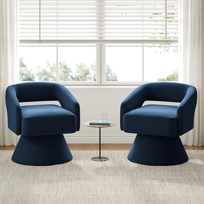 LINSY Swivel Barrel Chair, 360 Modern Swivel Accent Chair Boucle Swivel Chair Round Blue Velvet Chairs with Arms, Small Barrel Chair for Small Spaces Bedroom Living Room