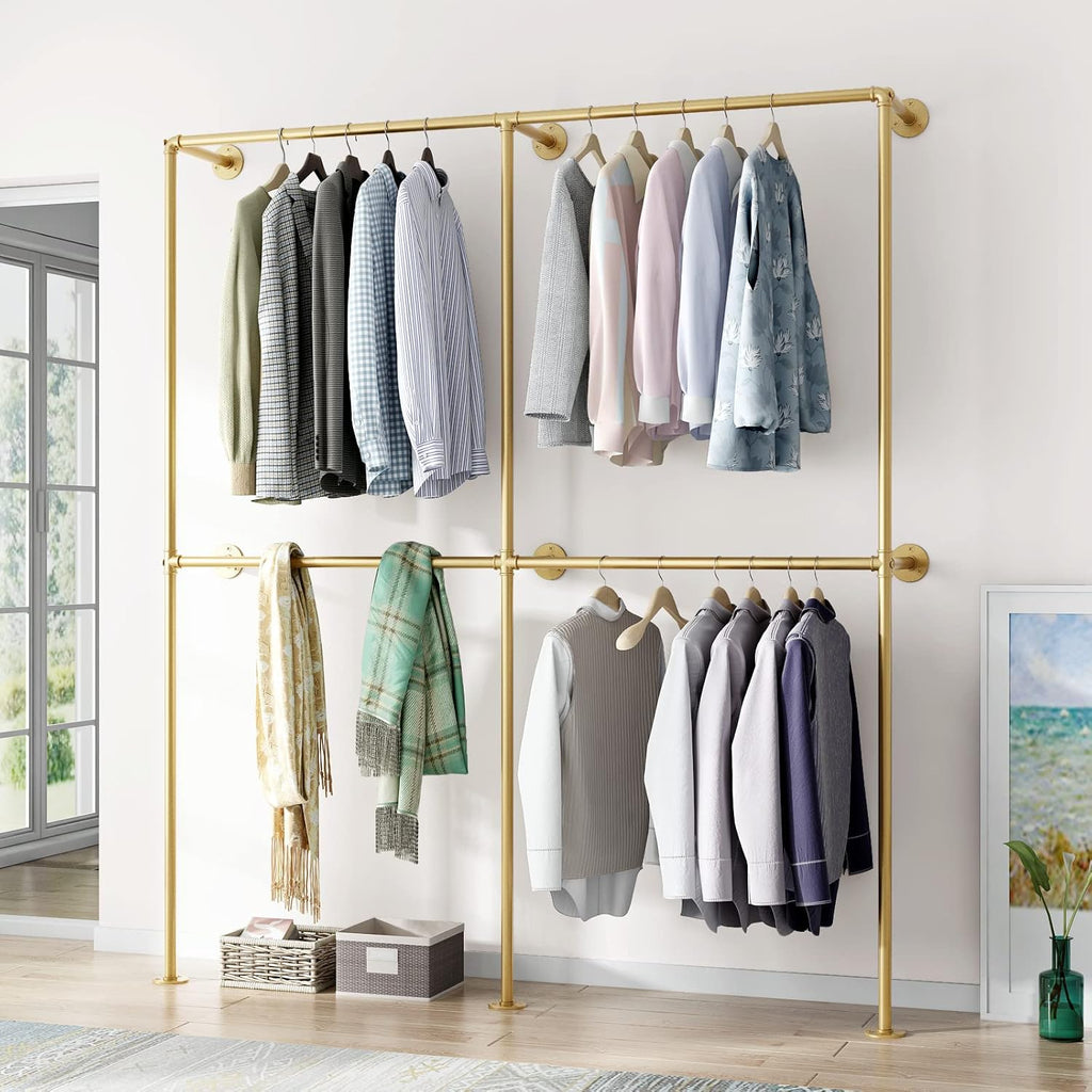 Gold Pipe Clothing Racks Wall Mount Gold Clothes Rack, Heavy Duty Industrial Pipe Clothes Racks Retail Display Hanging Rod for Closet Storage, Laundry Room