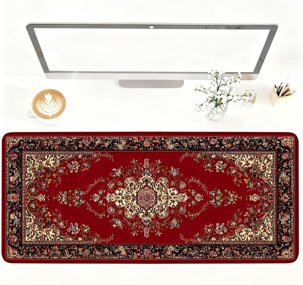 Red Vintage Persian Rug Mouse Pad – Large Extended Desk Mat 35.43 x 15.75 in – Oriental Carpet Design, Non-Slip Rubber Base, Waterproof Surface, Keyboard & Mouse Pad for Office, Gaming, Home