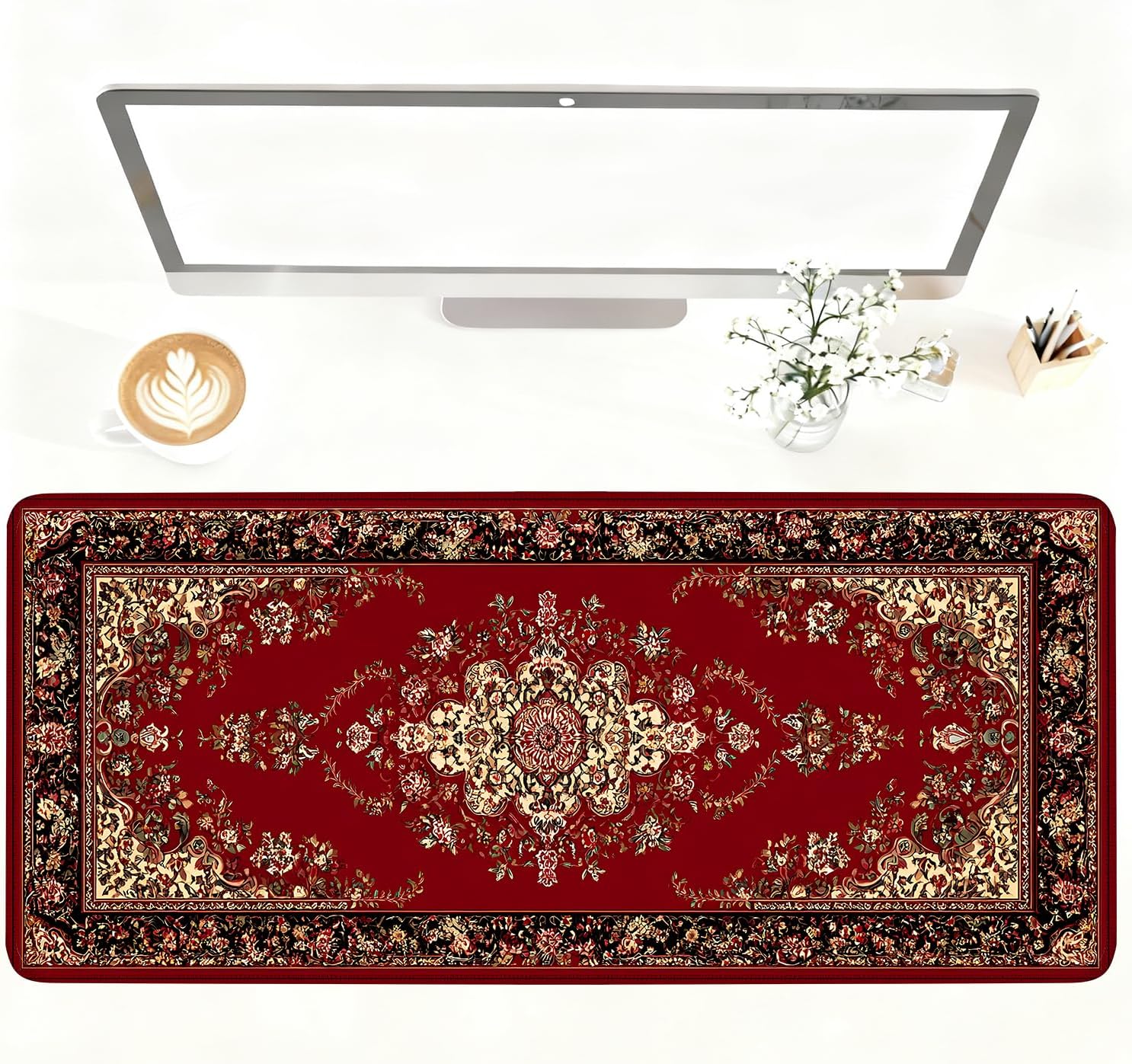 Red Vintage Persian Rug Mouse Pad – Large Extended Desk Mat 35.43 x 15.75 in – Oriental Carpet Design, Non-Slip Rubber Base, Waterproof Surface, Keyboard & Mouse Pad for Office, Gaming, Home