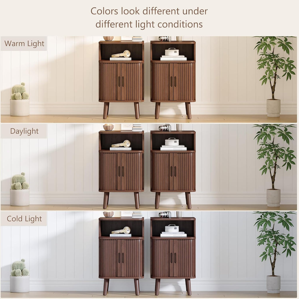 Alohappy Nightstand Set of 2, Mid Century Modern End Table with Storage, Fluted Bedside Table, Wooden Curved Profile Night Stands with Sliding Tambour Door for Bedroom, Living Room, Walnut