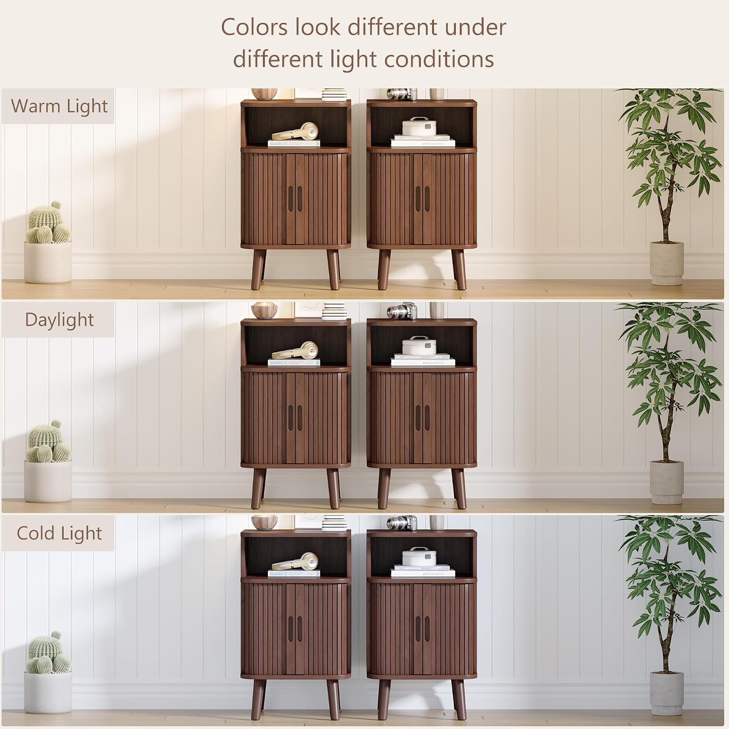Alohappy Nightstand Set of 2, Mid Century Modern End Table with Storage, Fluted Bedside Table, Wooden Curved Profile Night Stands with Sliding Tambour Door for Bedroom, Living Room, Walnut