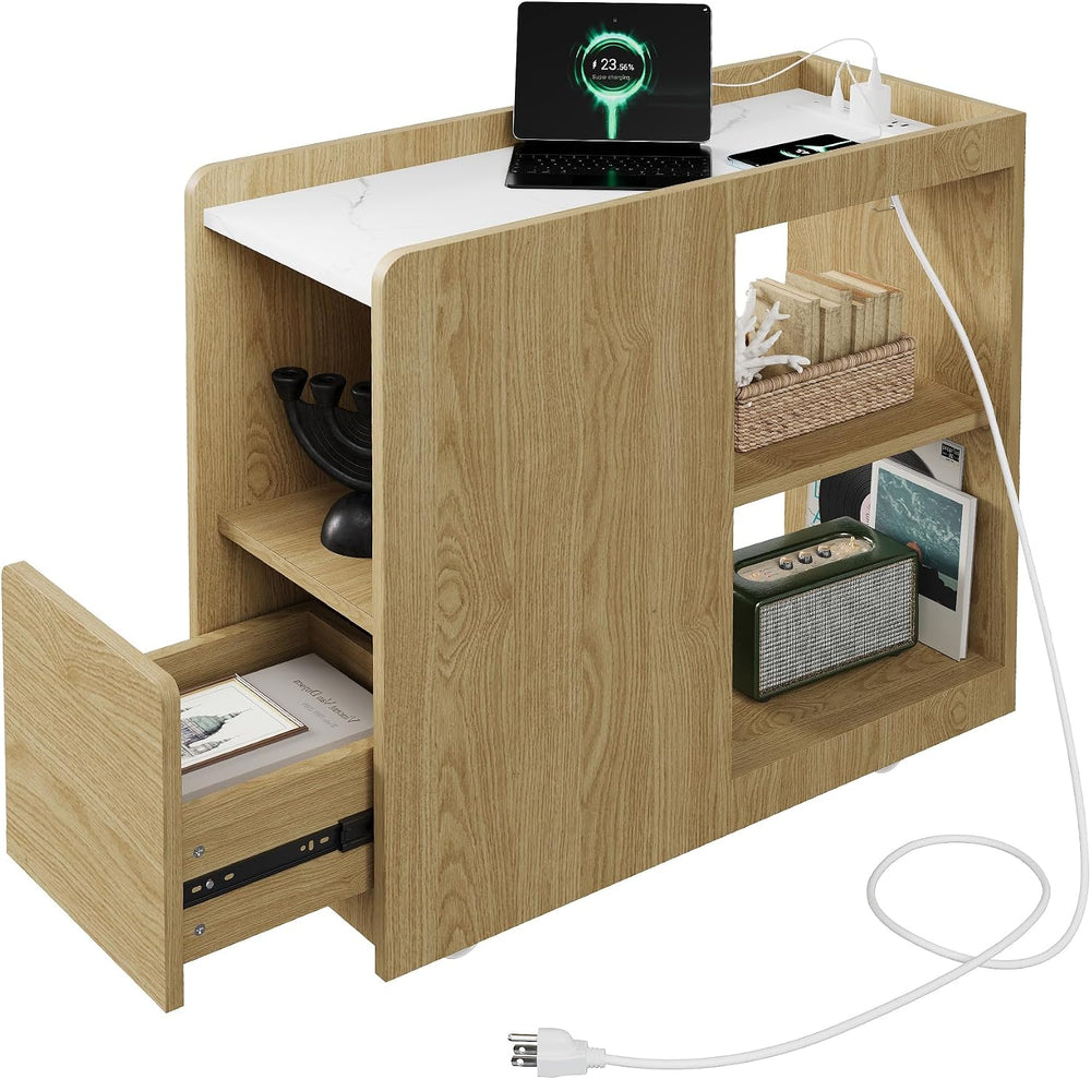 End Table with Charging Station, Mobile Side Table with Drawer, 3-Level Adjus...