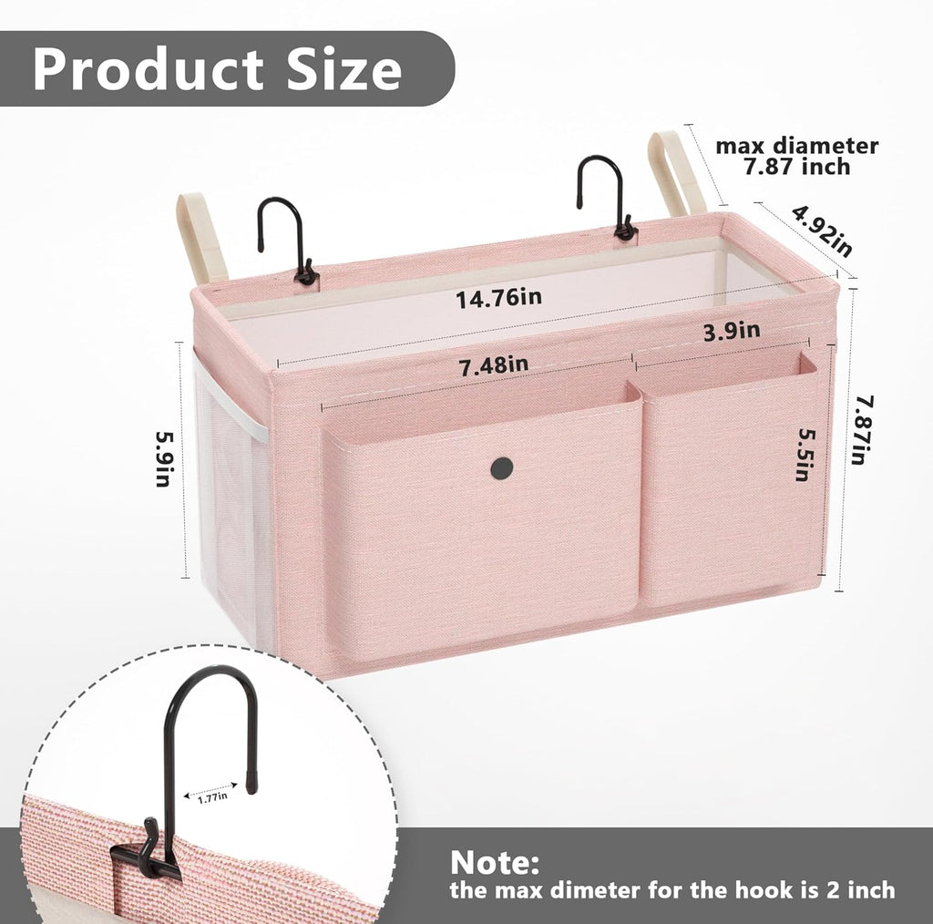 Bedside Caddy Bedside Organizer with Fixed Straps & Water Bottle Holder, Bunk Bed Caddy ideal for Home, Dorm, Hospital, Crib, Versatile Bedside Storage Solution (Pink)