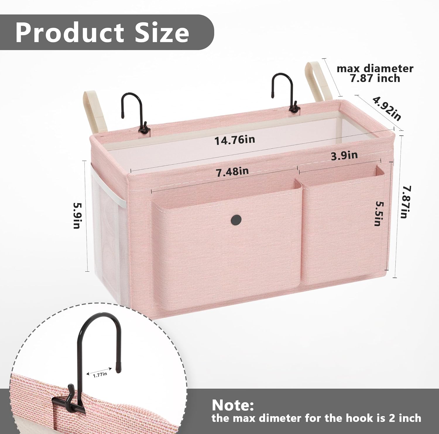 Bedside Caddy Bedside Organizer with Fixed Straps & Water Bottle Holder, Bunk Bed Caddy ideal for Home, Dorm, Hospital, Crib, Versatile Bedside Storage Solution (Pink)