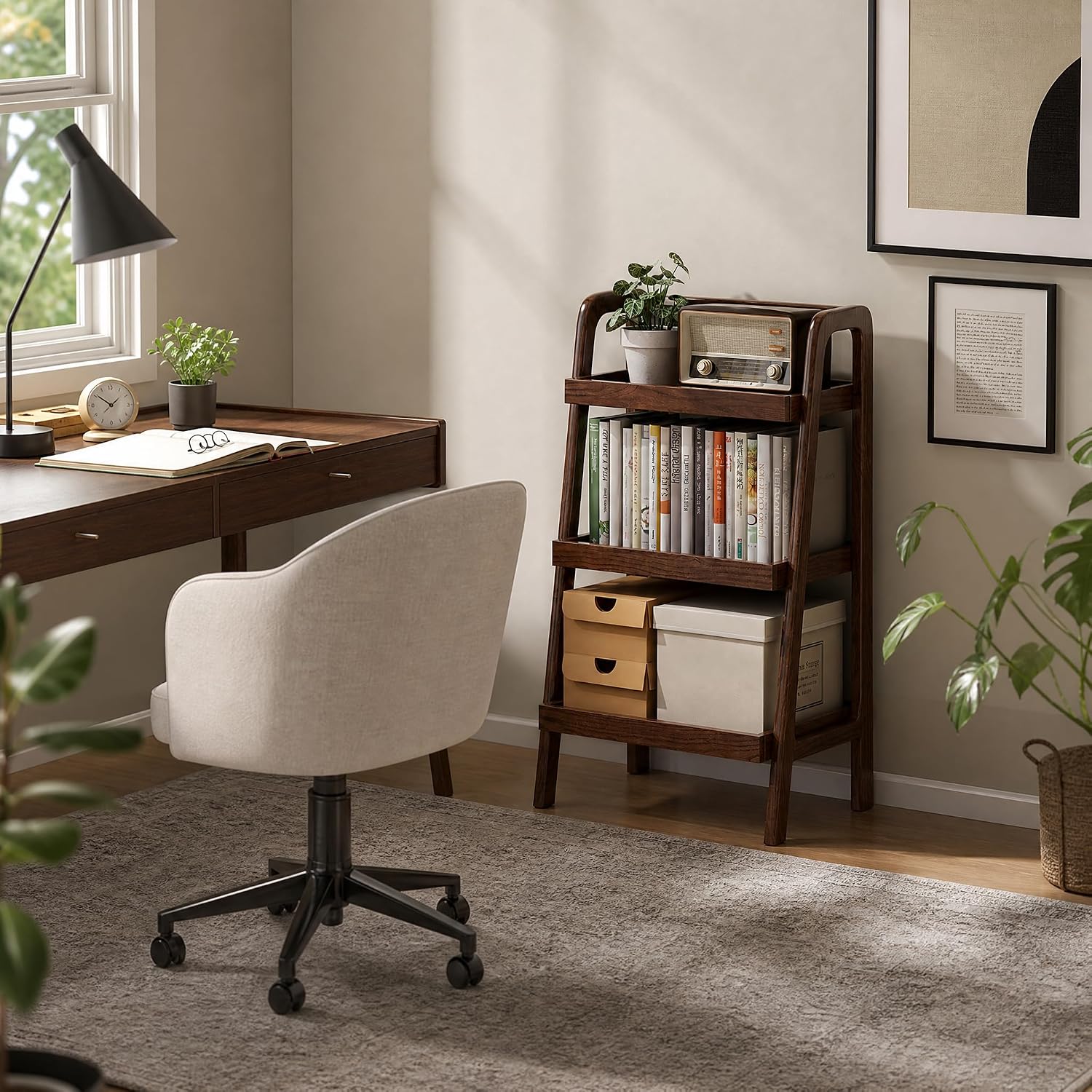 Solid Oak Small Bookshelf, 3 Tier Ladder Shelf Walnut Bookcase | Ladder bookshelf with compact design for small spaces, ideal for books, plants and decor in living room, bedroom and offices.