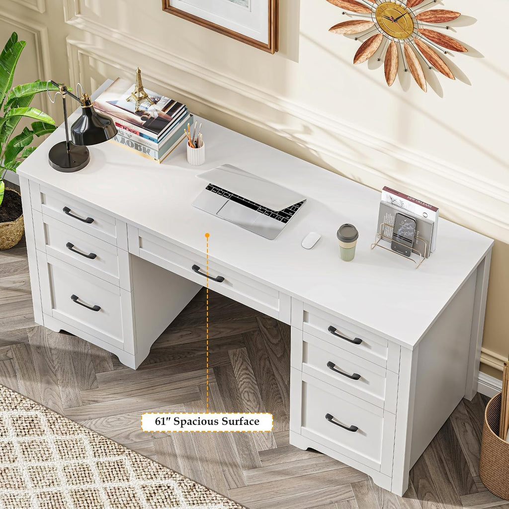 Vabches Farmhouse 61'' Executive Desk with 7 Drawers, Rustic Office Desk Computer Table with File Drawers, Wood Workstation for Home Office and Study,Cream White