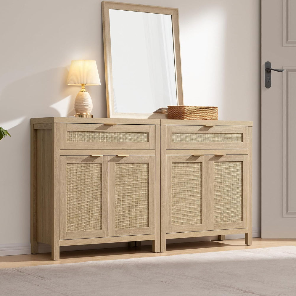 SICOTAS Sideboard Buffet Storage Cabinet, Rattan Accent Cabinet with Doors