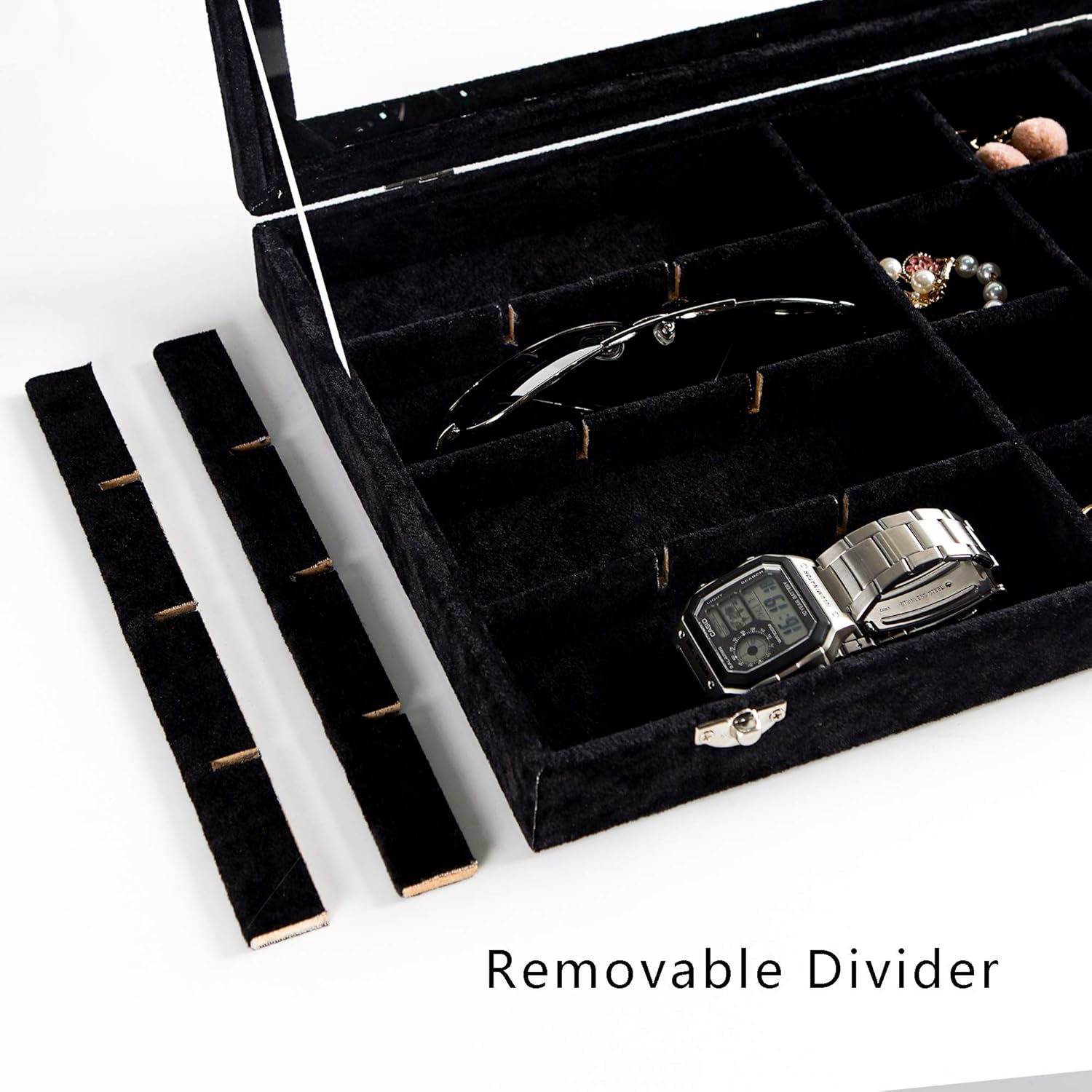 Frebeauty 24 Grid Earring Holder Organizer Tray, Jewelry Organizers and Storage for Drawer,Velvet Jewelry Display Storage for Earrings,Rings,Studs,10.5 x 6.5 x 1.2 Inches Gift for Women (Black)
