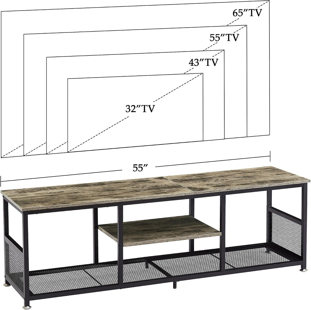 VECELO Industrial TV Stand for Televisions up to 65 Inch, 55" Entertainment Center with Open Storage Shelves for Living Room/Bedroom, 3 Tiers Media Console Table with Metal Frame, Grey, 55 Inches