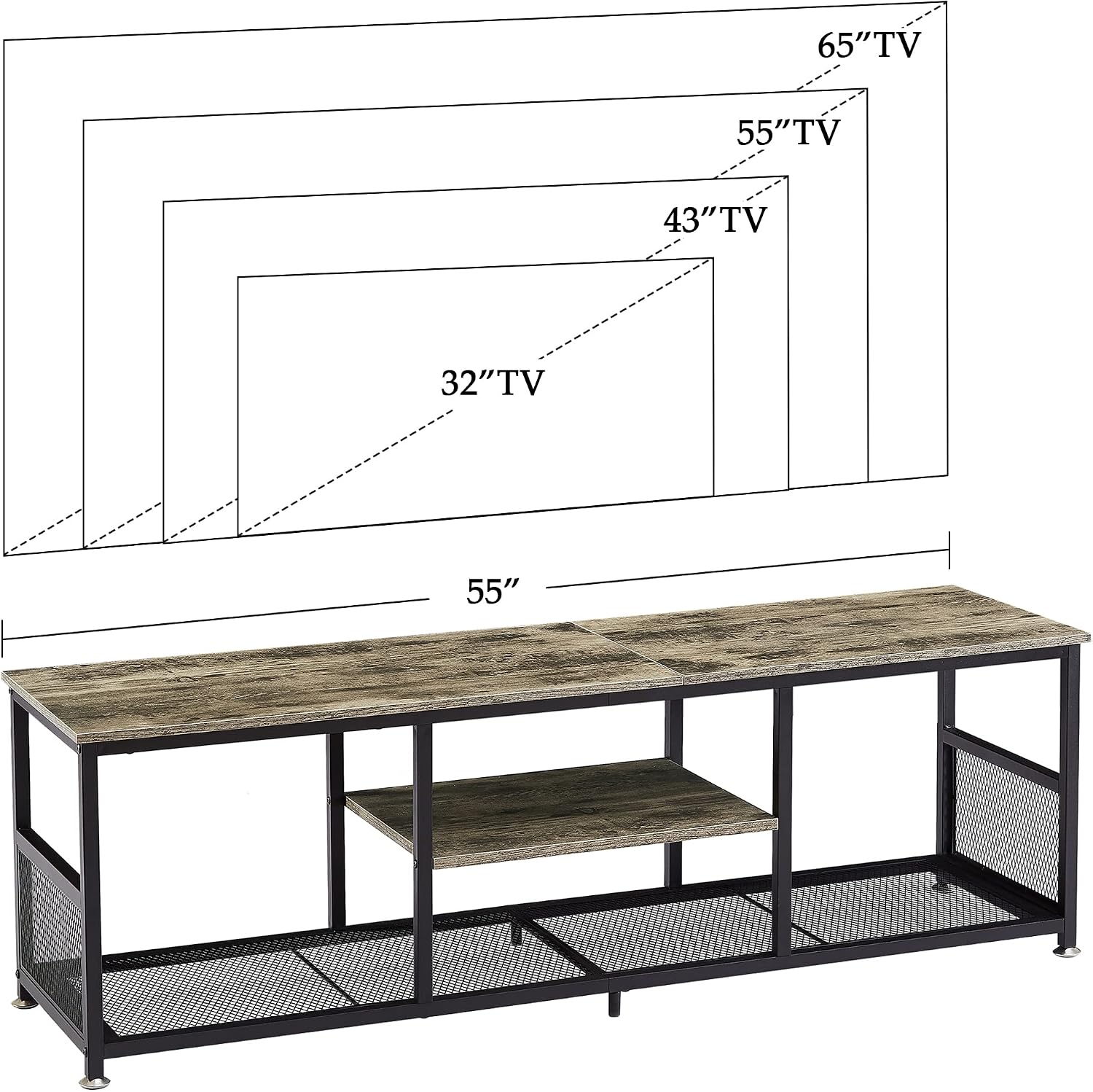 VECELO Industrial TV Stand for Televisions up to 65 Inch, 55" Entertainment Center with Open Storage Shelves for Living Room/Bedroom, 3 Tiers Media Console Table with Metal Frame, Grey, 55 Inches