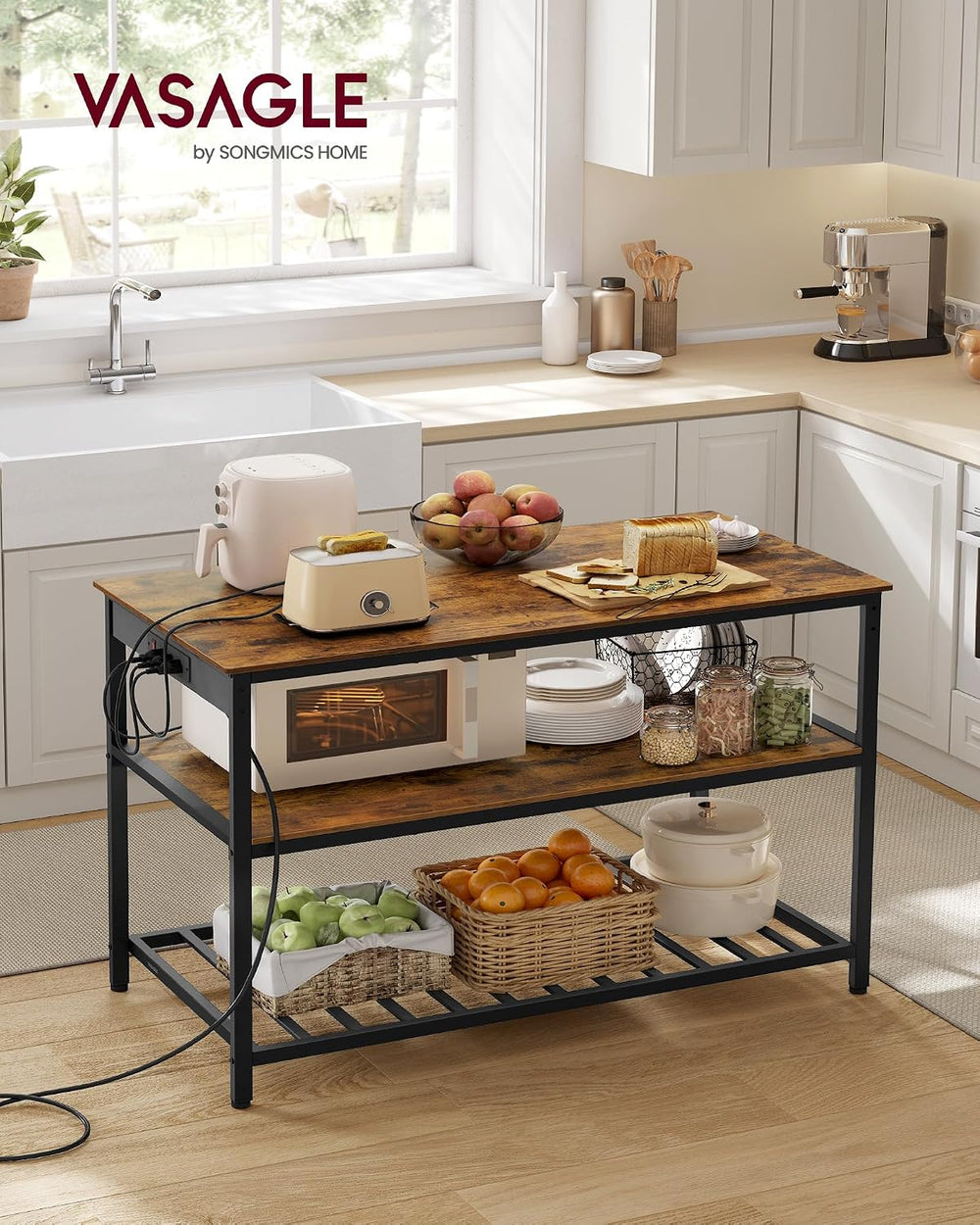 VASAGLE Kitchen Island with 3 Shelves, Storage Cabinet, Steel Structure | Kit...