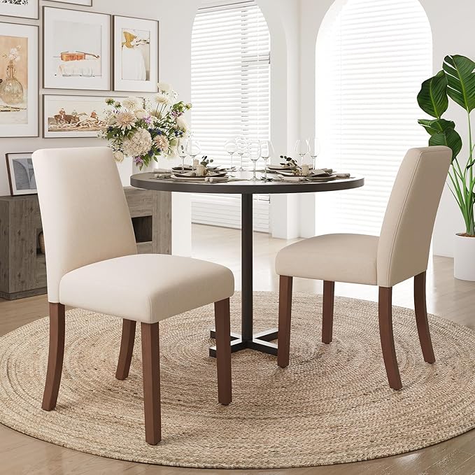 Dining Chairs Set of 2, Modern Dining Room Chairs with Wooden Legs, Upholstered Kitchen Farmhouse Parsons Chairs for Restaurant & Cafe- Beige