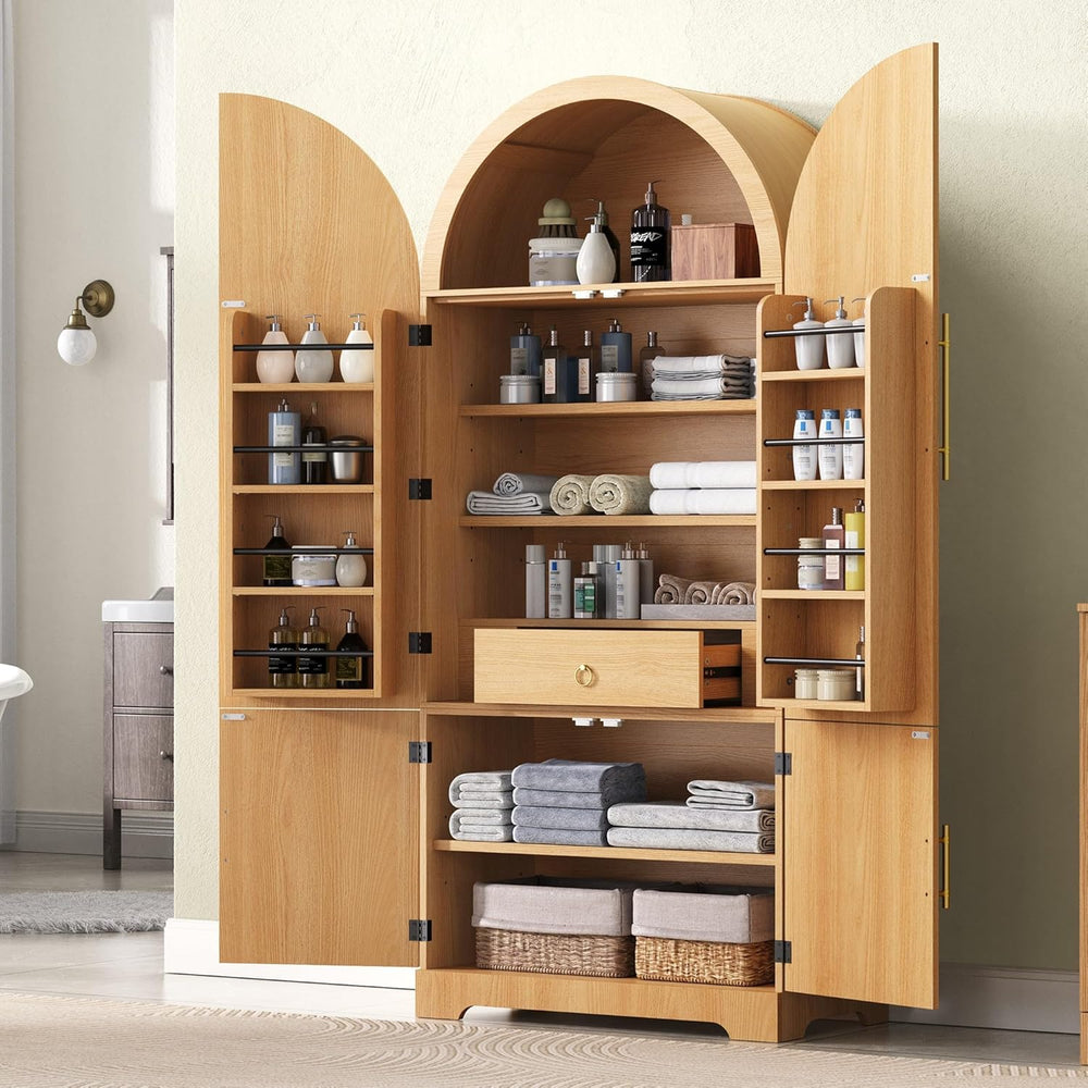 Tall Arched Kitchen Pantry Cabinet, Modern Fluted Wood Storage Cabinet with 8...