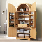 Tall Arched Kitchen Pantry Cabinet, Modern Fluted Wood Storage Cabinet with 8 Door Shelves, Adjustable Shelves and Hidden Drawer, Versatile Cupboard for Kitchen, Bathroom (Natural)