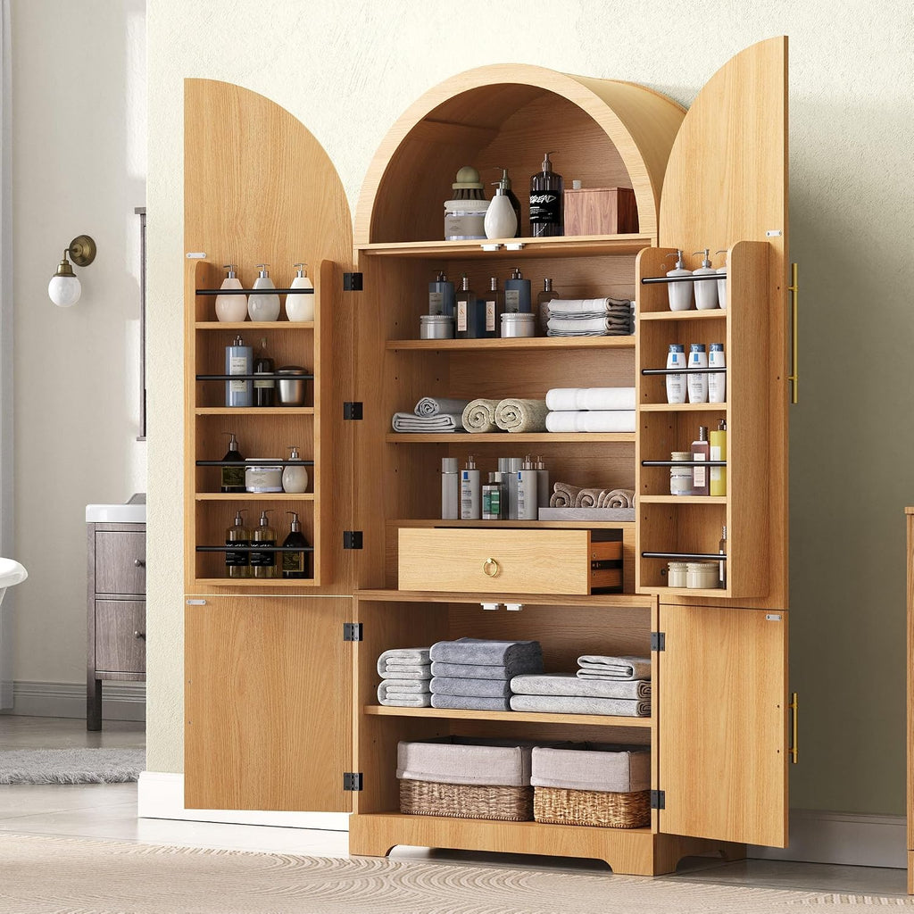 Polibi Arched Fluted Pantry Cabinet, 72" Tall Kitchen Storage with 8 Door Shelves, 3 Adjustable Shelves & Hidden Drawer, for Kitchen, Dining Room, Natural