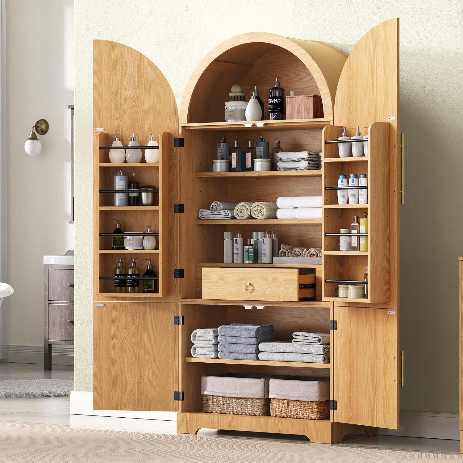 Polibi Arched Fluted Pantry Cabinet, 72" Tall Kitchen Storage with 8 Door Shelves, 3 Adjustable Shelves & Hidden Drawer, for Kitchen, Dining Room, Natural