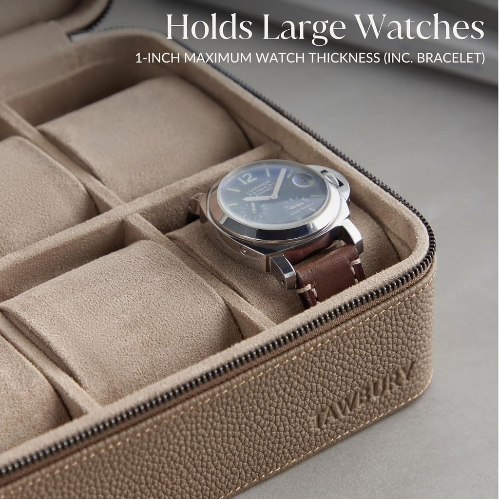 TAWBURY Watch Case - 6 Slot Genuine Top-Grain Leather Watch Box for Men & Women with Extra Wide Pillows for Large Watches - Portable Wristwatch Storage for Home & Travel (Taupe)