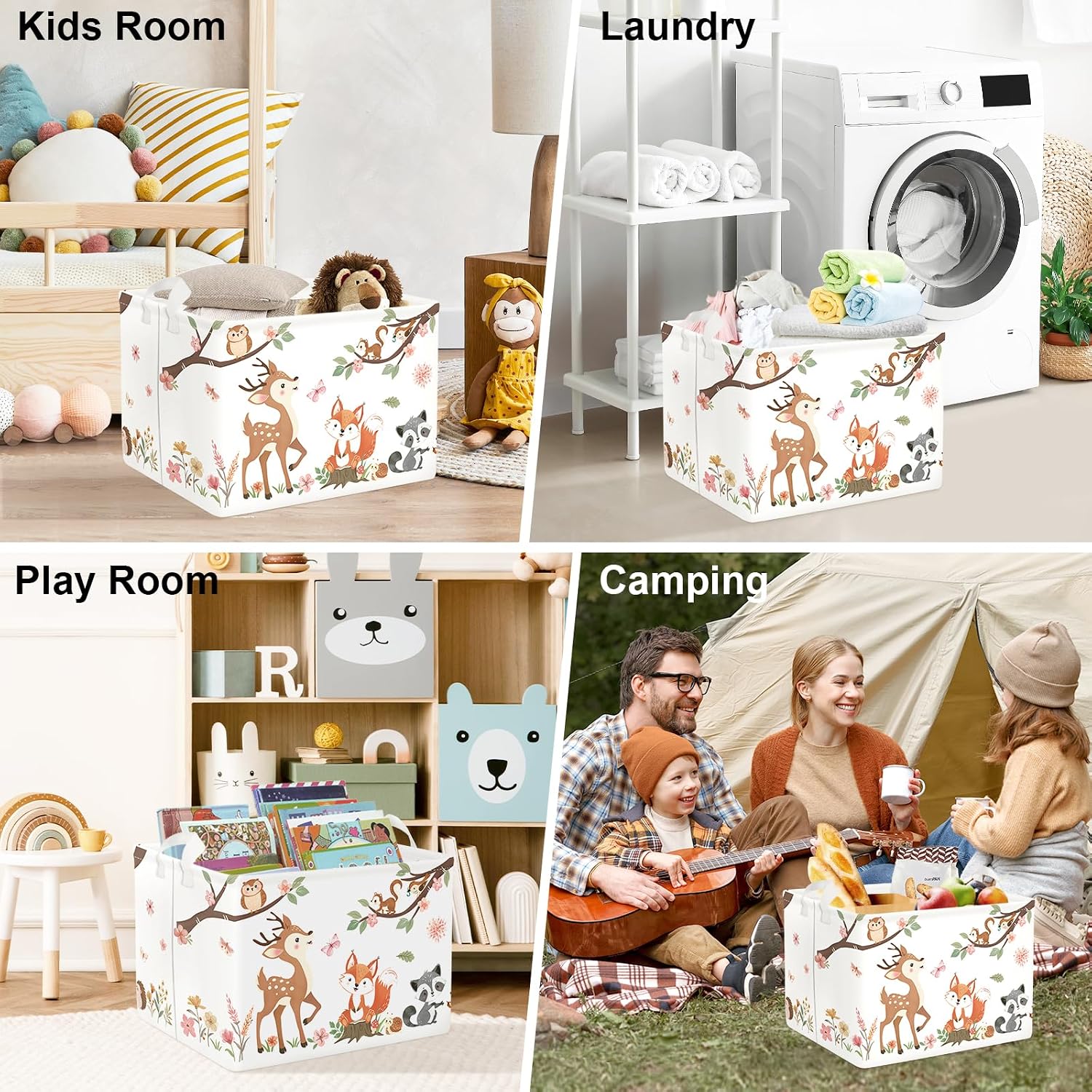Clasty Animal Flower Kid Storage Basket Foldable Laundry Hamper, 36L Fox | Rectangle Clothes Book Gift Toy Organizer Bin, Playroom Bedroom Bathroom, Deer Raccoon, Girl Woodland Nursery Decor Basket