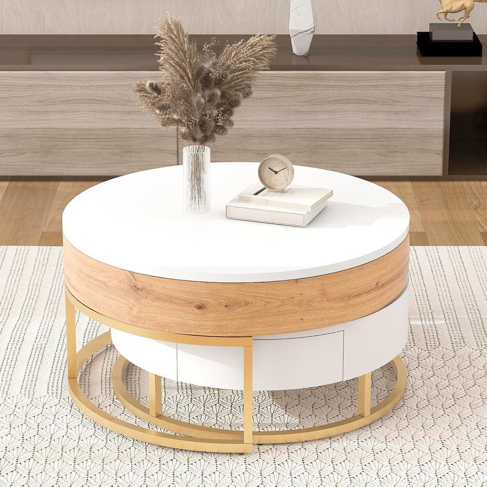 Modern Round Lift-top Nesting Coffee Tables with 2 Drawers Multiple End Table...