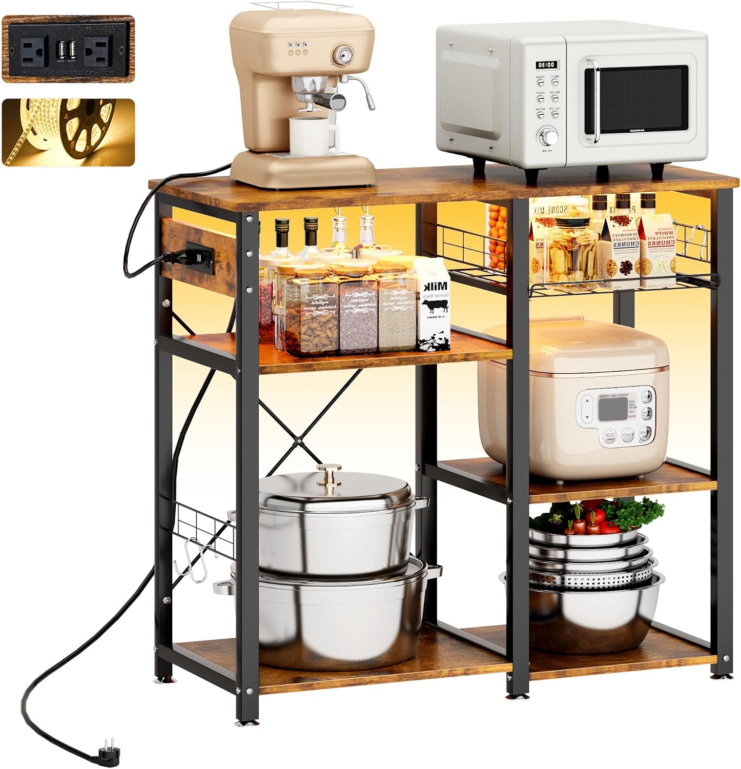 SogesPower 3-Tier Kitchen Baker's Rack Microwave Stand Storage Rack,Multifunctional Storage Shelf Organizer with USB Ports and Charging Station Outlets is Suitable for Kitchen,Living Room and Corridor