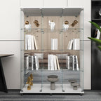 Beauty4U Glass Display Cabinet with Mirror Back Panel, 12 Shelves with 3 Columns, 2 Doors Curio Cabinets for Living Room, Bedroom, Office, White Floor Standing Glass Bookshelf, Quick Installation
