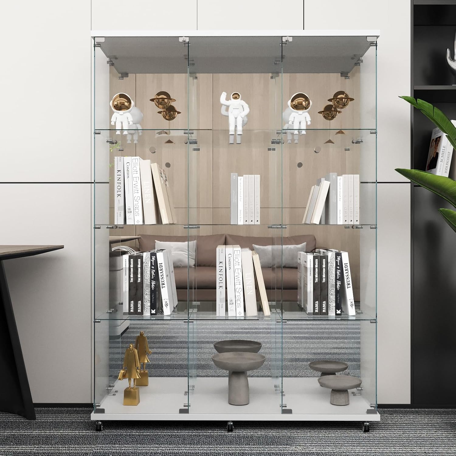 Beauty4U Glass Display Cabinet with Mirror Back Panel, 12 Shelves with 3 Columns, 2 Doors Curio Cabinets for Living Room, Bedroom, Office, White Floor Standing Glass Bookshelf, Quick Installation