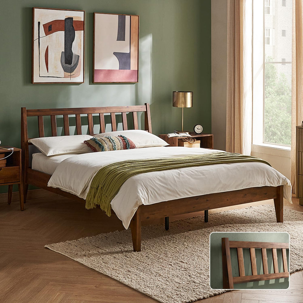 mopio Ted Bed Frame with Headboard, Mid Century Modern Acacia Solid Wood Plat...